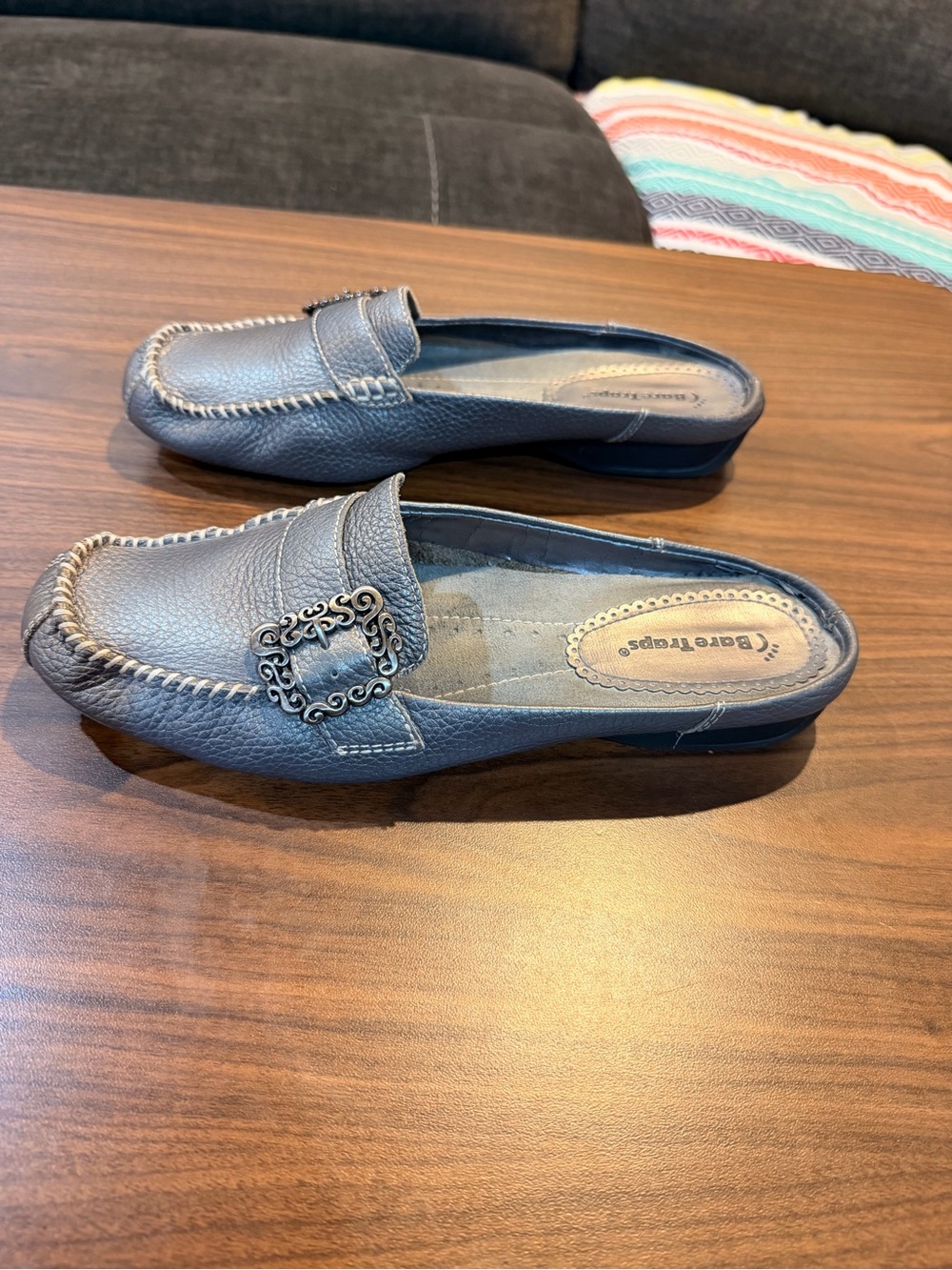 BareTraps Gray Leather Slip-On Mules with Decorative Buckle